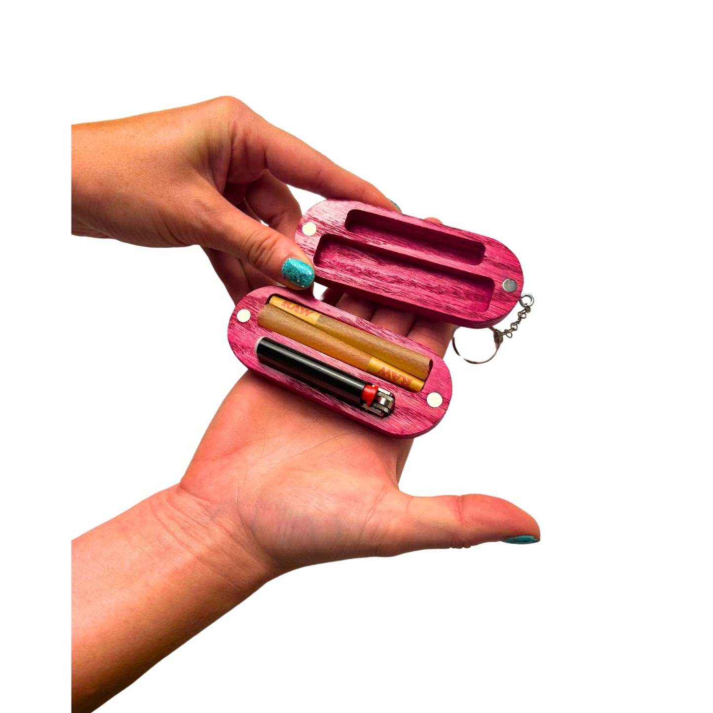 Joint Case in Hand for Size Reference: The pink oak carrying case being held in a hand, showcasing its compact size and ease of portability.