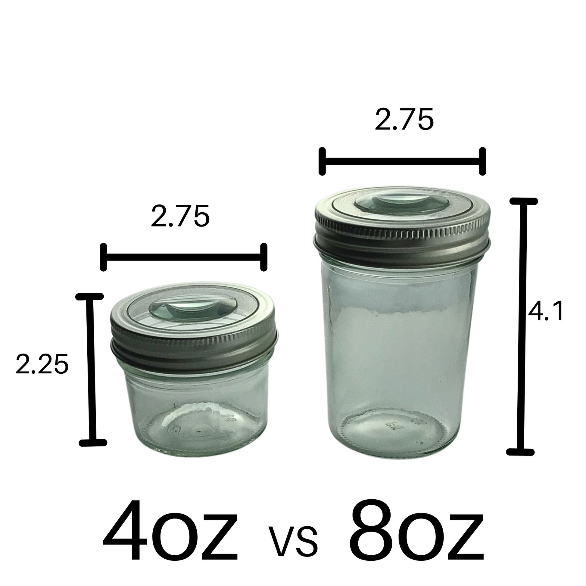 4oz vs 8oz mason jar comparison. magnifying lids on both jars used for spice racks and desktop organizers