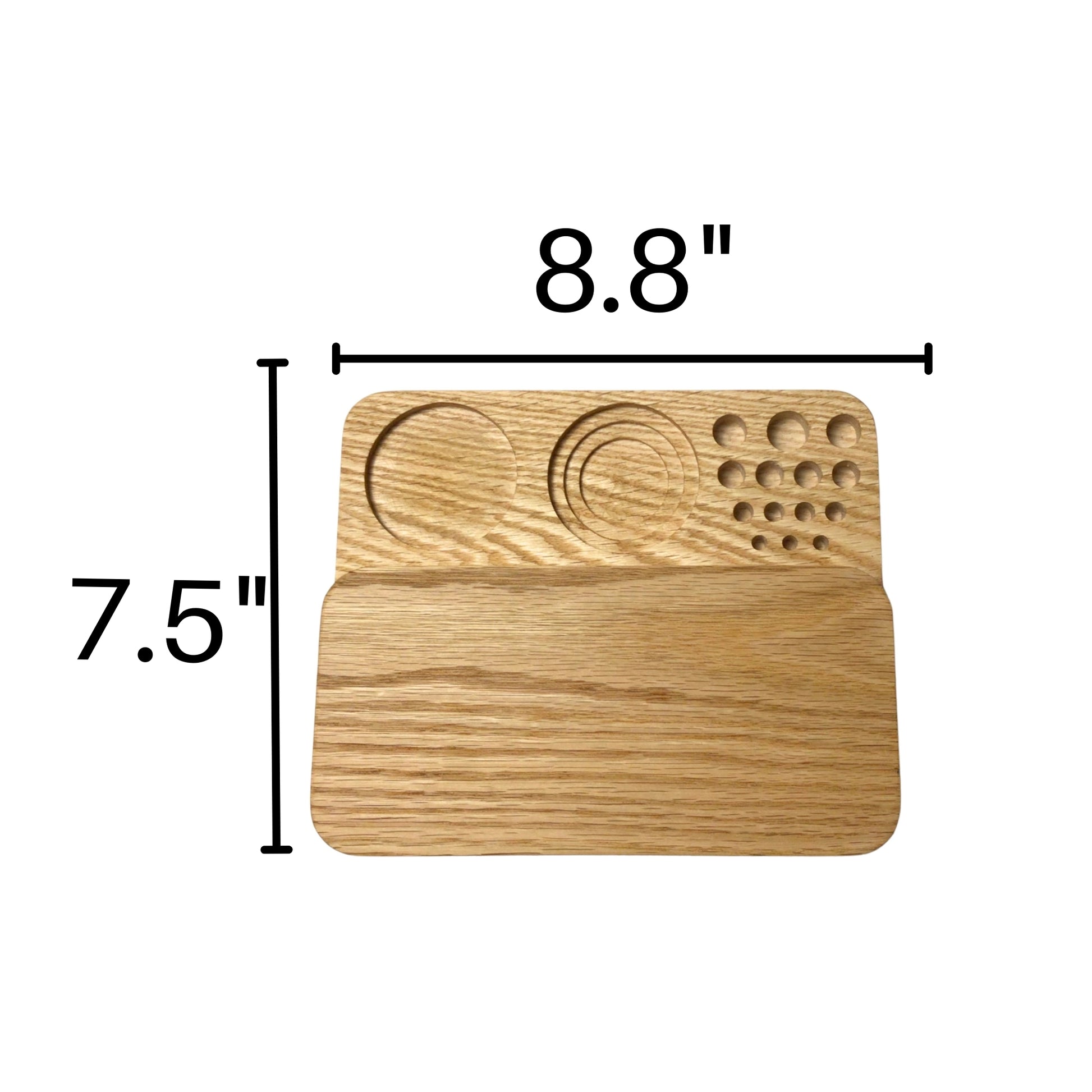 dimensions view of 8.8 x 7.5 inch overhead view of the gas station rolling tray comes with a magnifying stash jar and a concentrate jar. holds various smoking accessories for organization