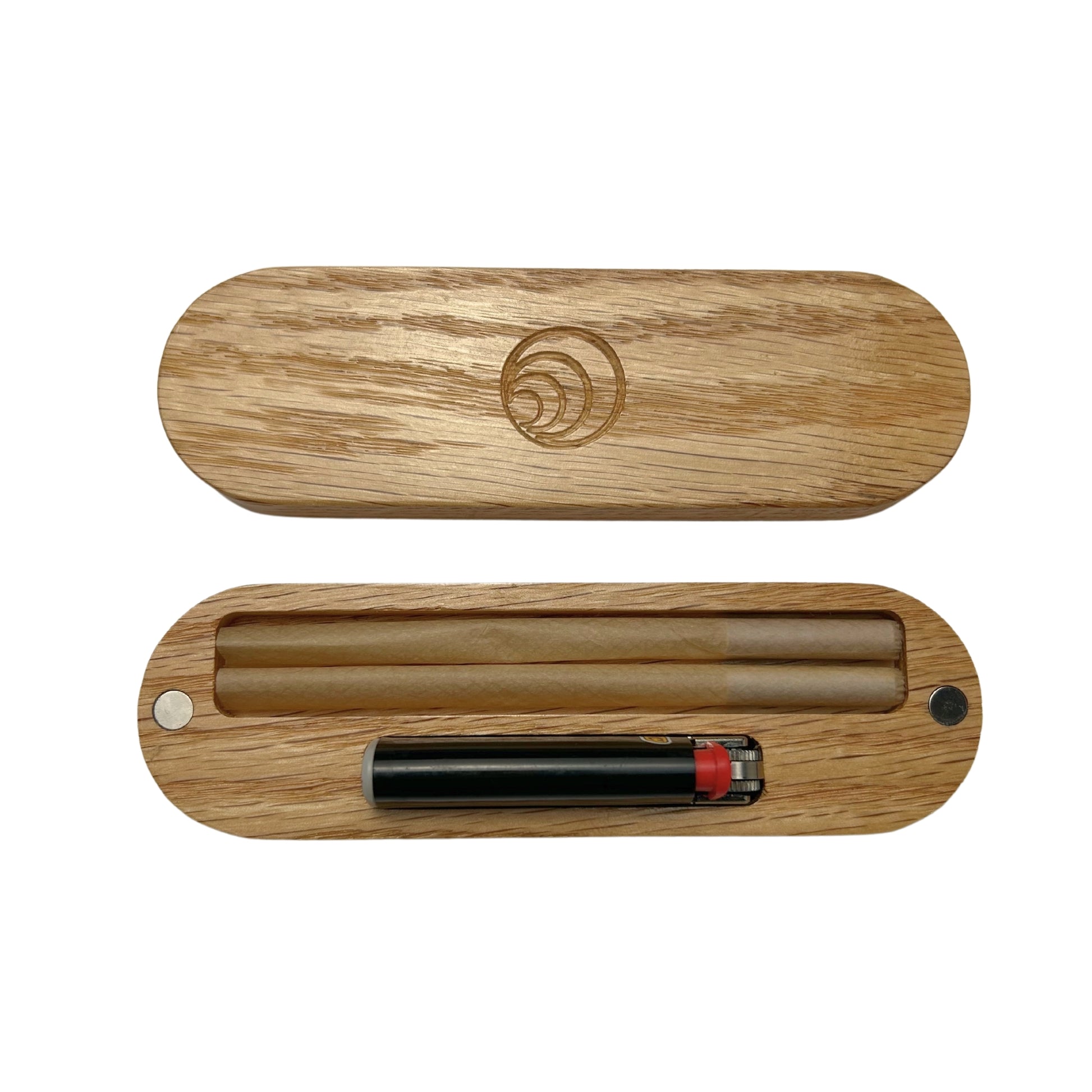 Joint Carrying Case - Open with Contents: The oak carrying joint case opened, revealing space for two king-sized joints and a small Bic lighter, neatly organized.