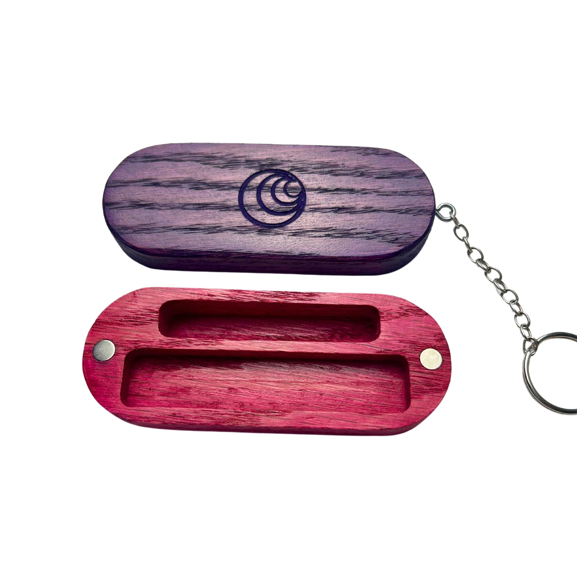 Joint Carrying Case - Open with Contents: The pink oak carrying case opened, revealing space for two classic-sized joints and a small Bic lighter, neatly organized