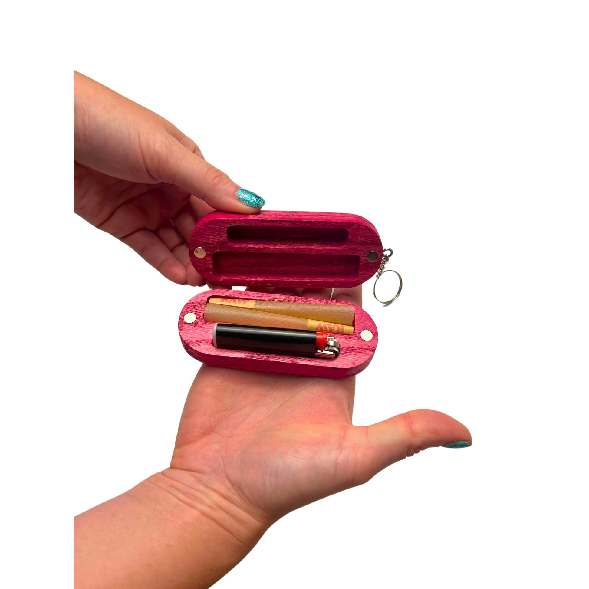 Case with Joints and Lighter Inside: The carrying case shown open with two classic-sized joints and a small Bic lighter securely placed inside.