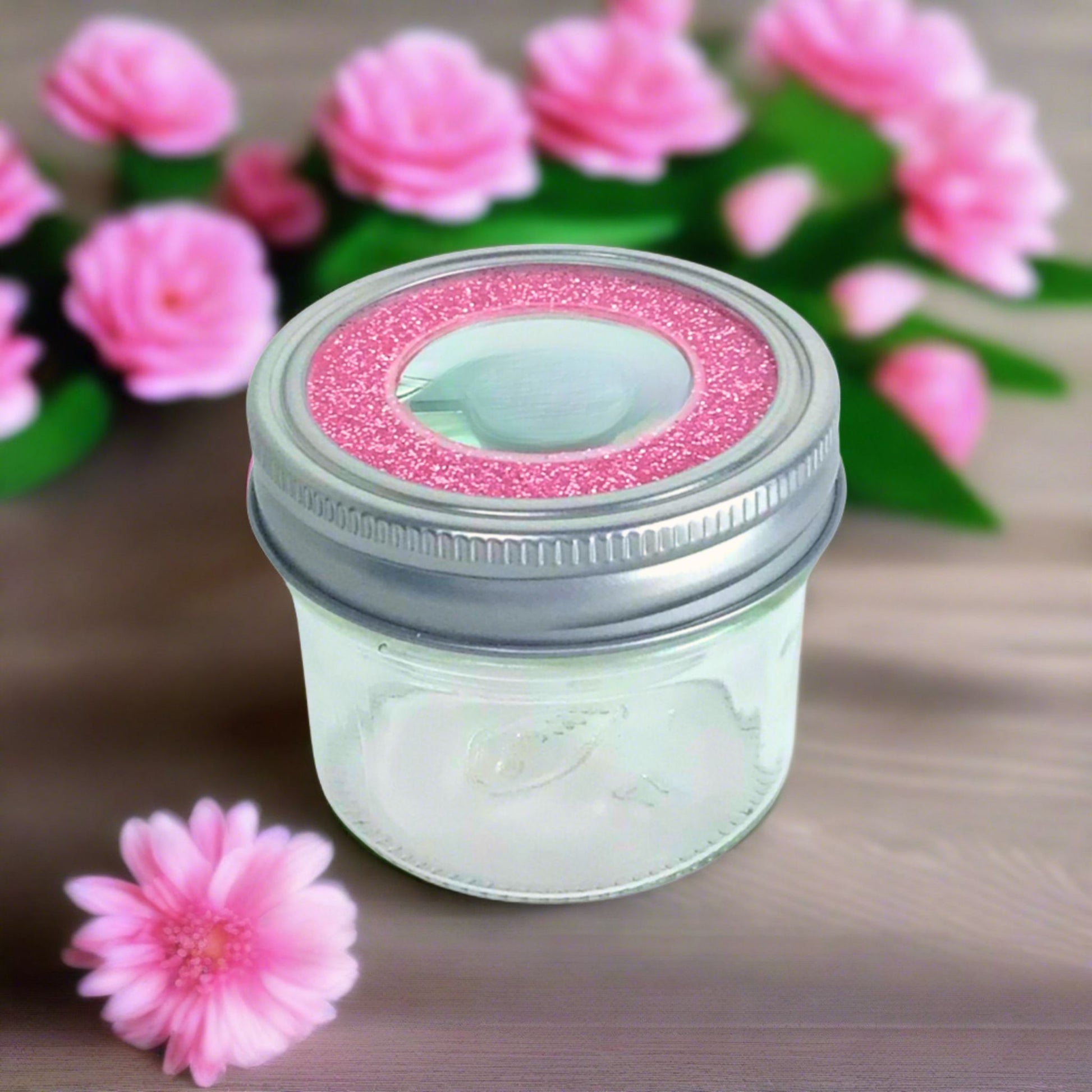 mason jar magnifying lid pink stash jar. used to make smell proof stash box. perfect for spice jars spice rack 