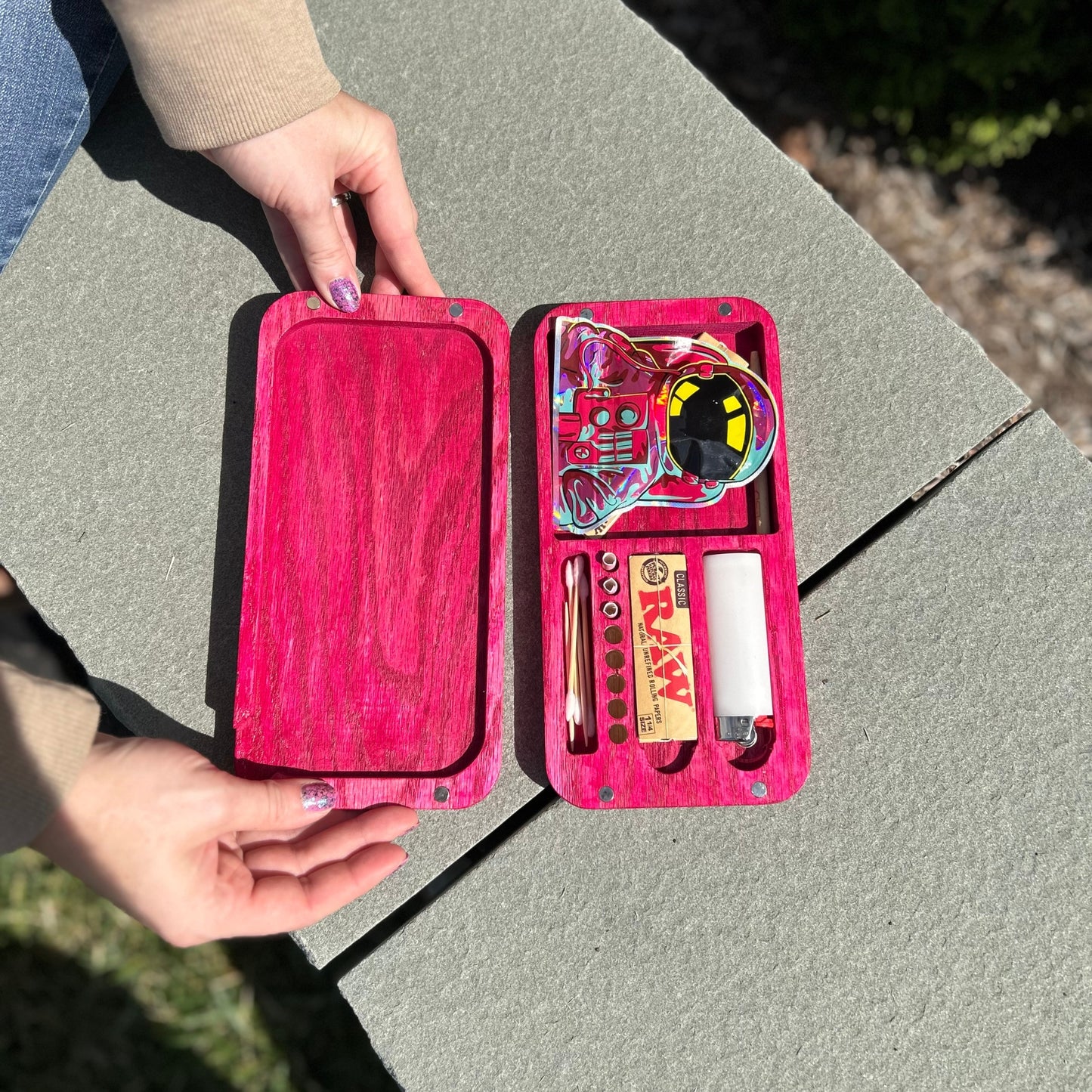 Pink Travel Station Rolling Tray With Lid | Rolling Tray Set | Pink Rolling Tray