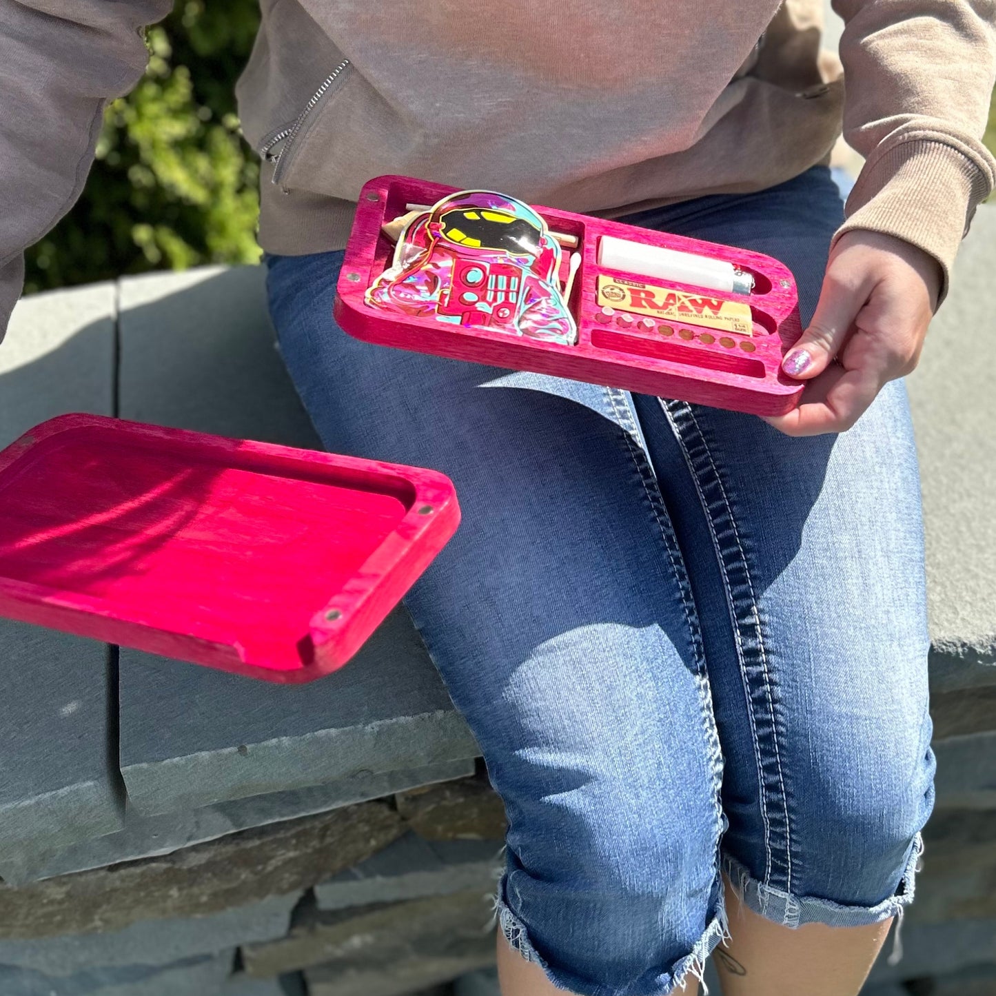 Pink Travel Station Rolling Tray With Lid | Rolling Tray Set | Pink Rolling Tray