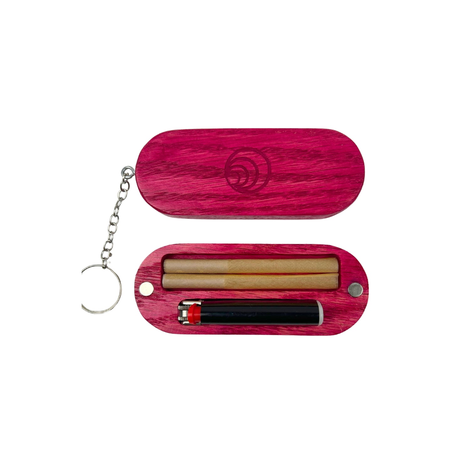 Pink Oak Wood Joint Carrying Case - open: A compact, sleek joint carrying case made from pure oak wood stained pink, shown open with a smooth semi-gloss finish.