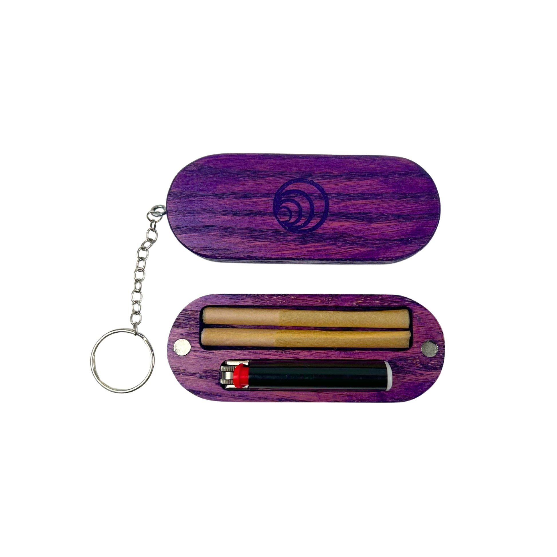 Joint Carrying Case - Open with Contents: The purple oak carrying case opened, revealing space for two classic-sized joints and a small Bic lighter, neatly organized.