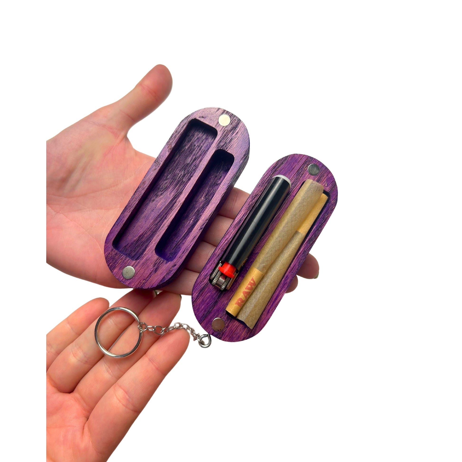 Joint Case in Hand for Size Reference: The purple oak carrying case being held in a hand, showcasing its compact size and ease of portability