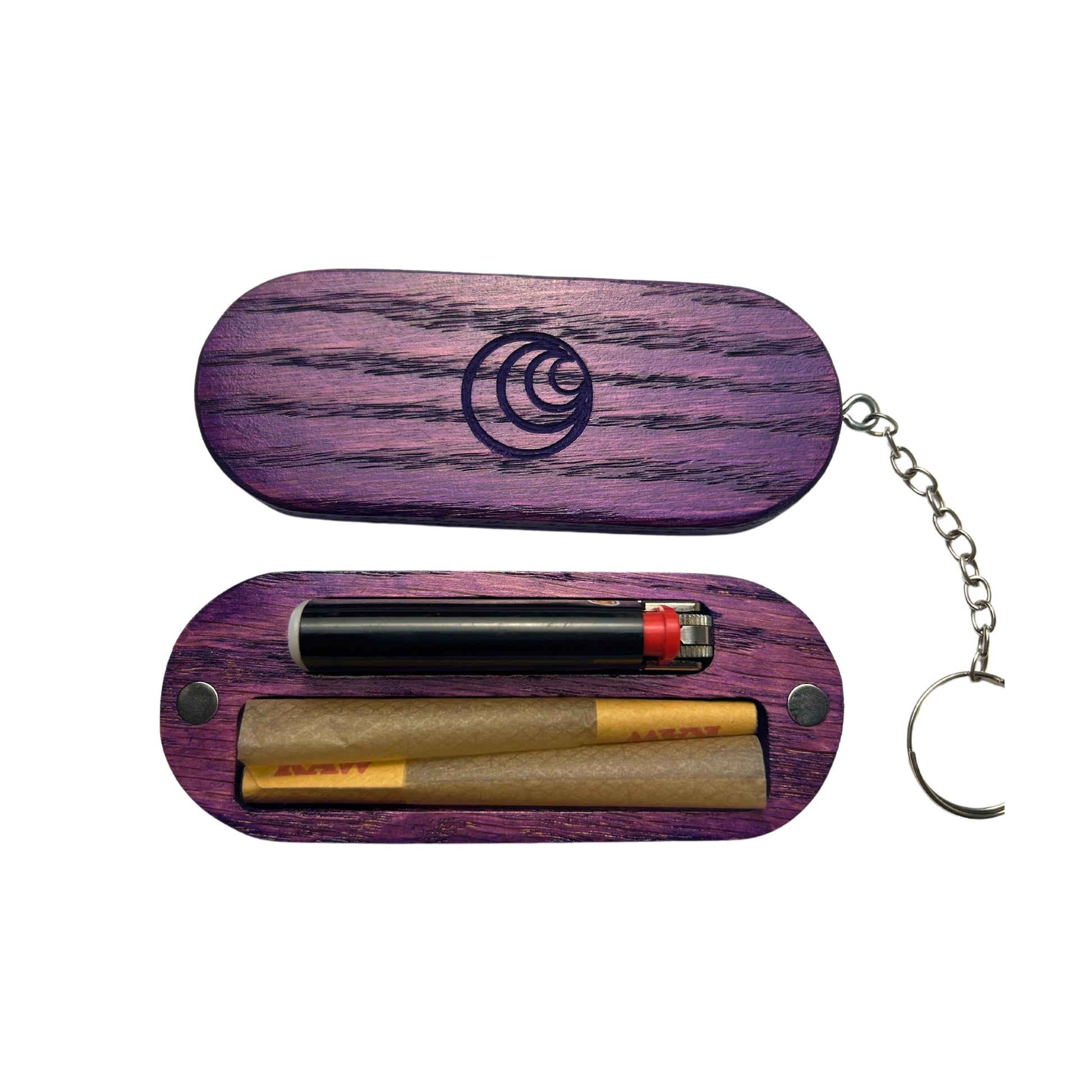 Joint Carrying Case - Open with Contents: The purple oak carrying case opened, revealing space for two classic-sized joints and a small Bic lighter, neatly organized.