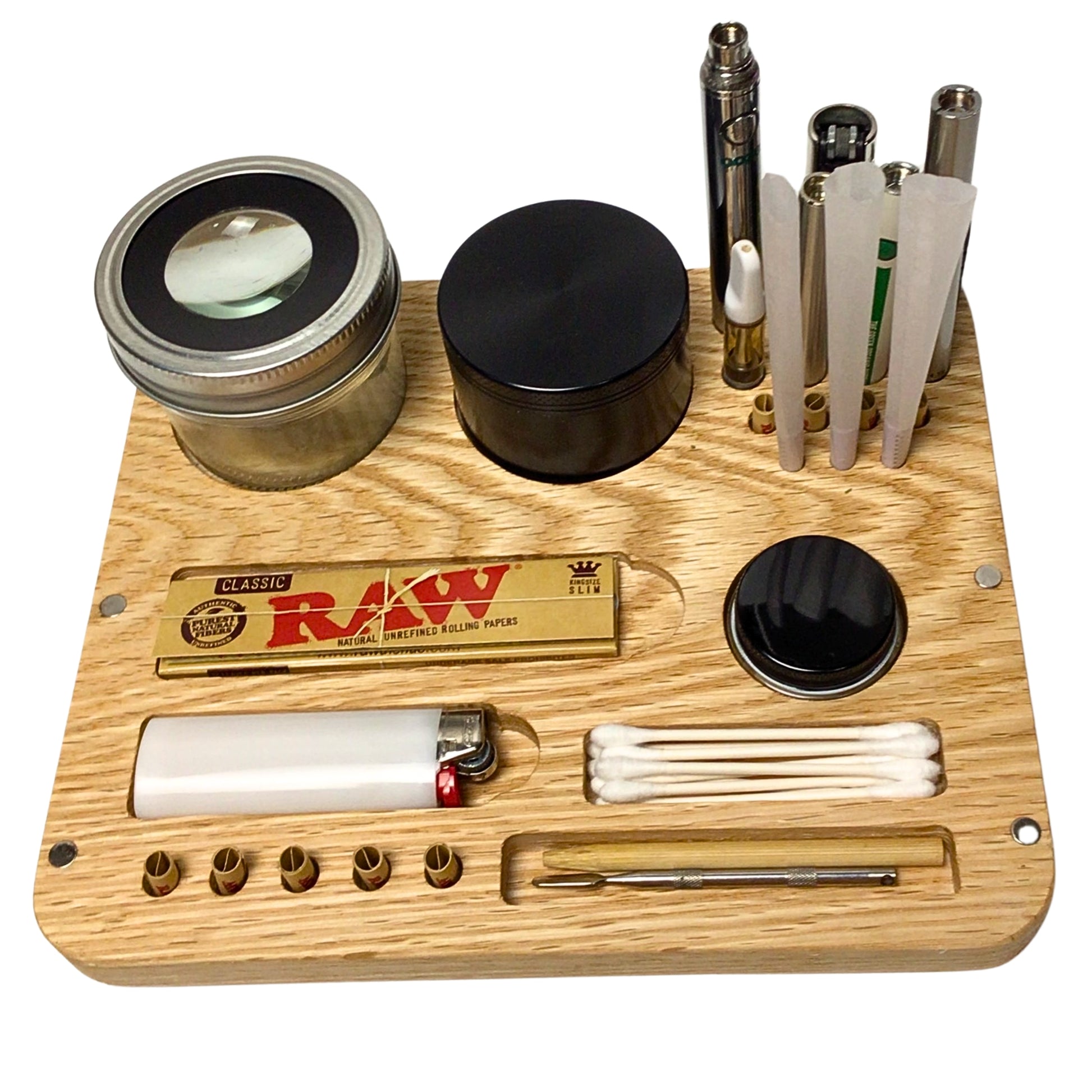 close up view of the gas station rolling tray comes with a magnifying stash jar and a concentrate jar. holds various smoking accessories for organization