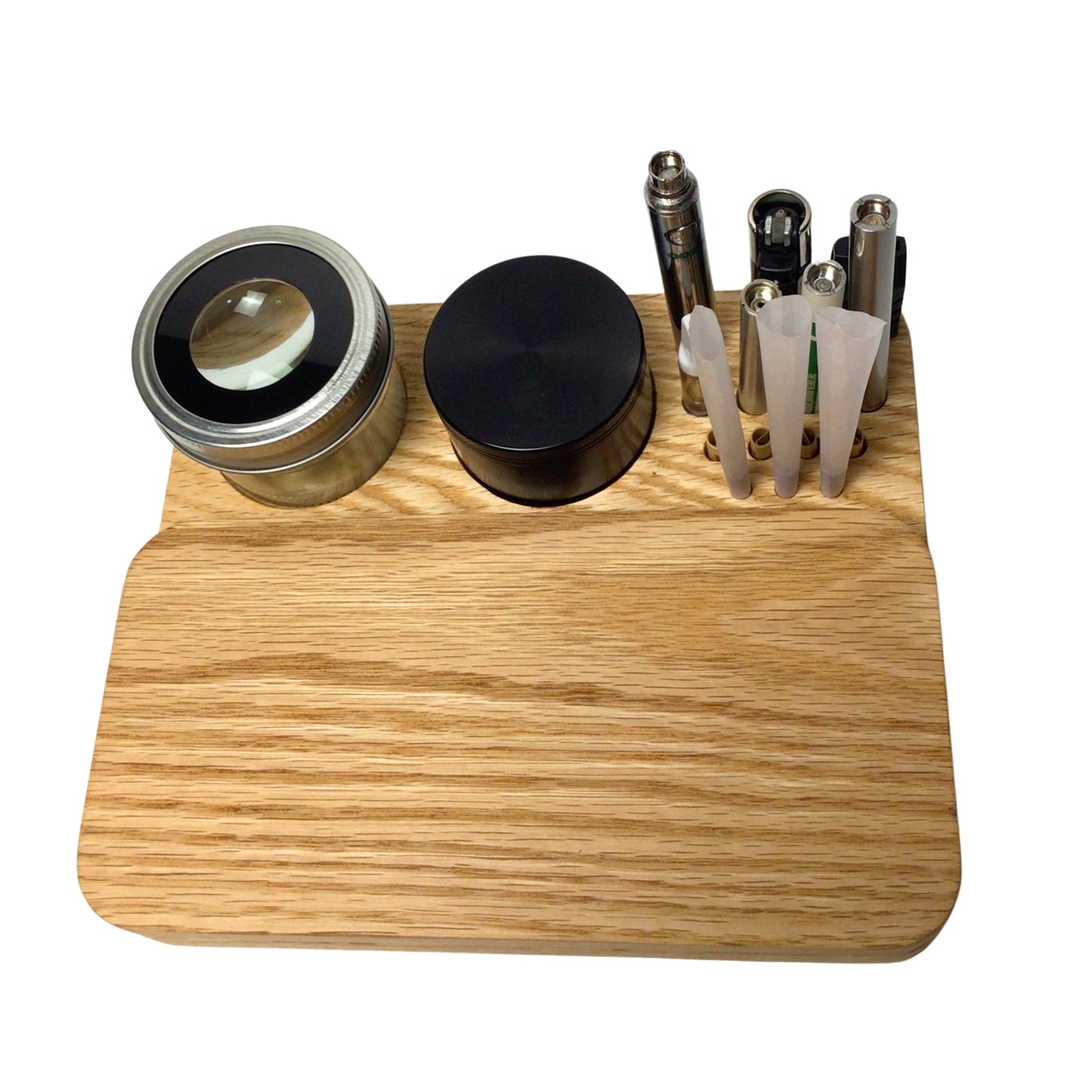 the gas station rolling tray with lid on. this comes with a magnifying stash jar and a concentrate jar. holds various smoking accessories for organization