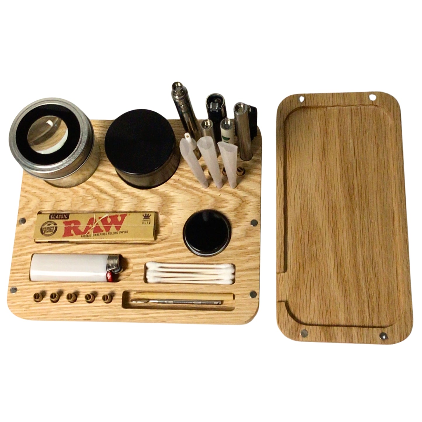 overhead view of the gas station rolling tray comes with a magnifying stash jar and a concentrate jar. holds various smoking accessories for organization