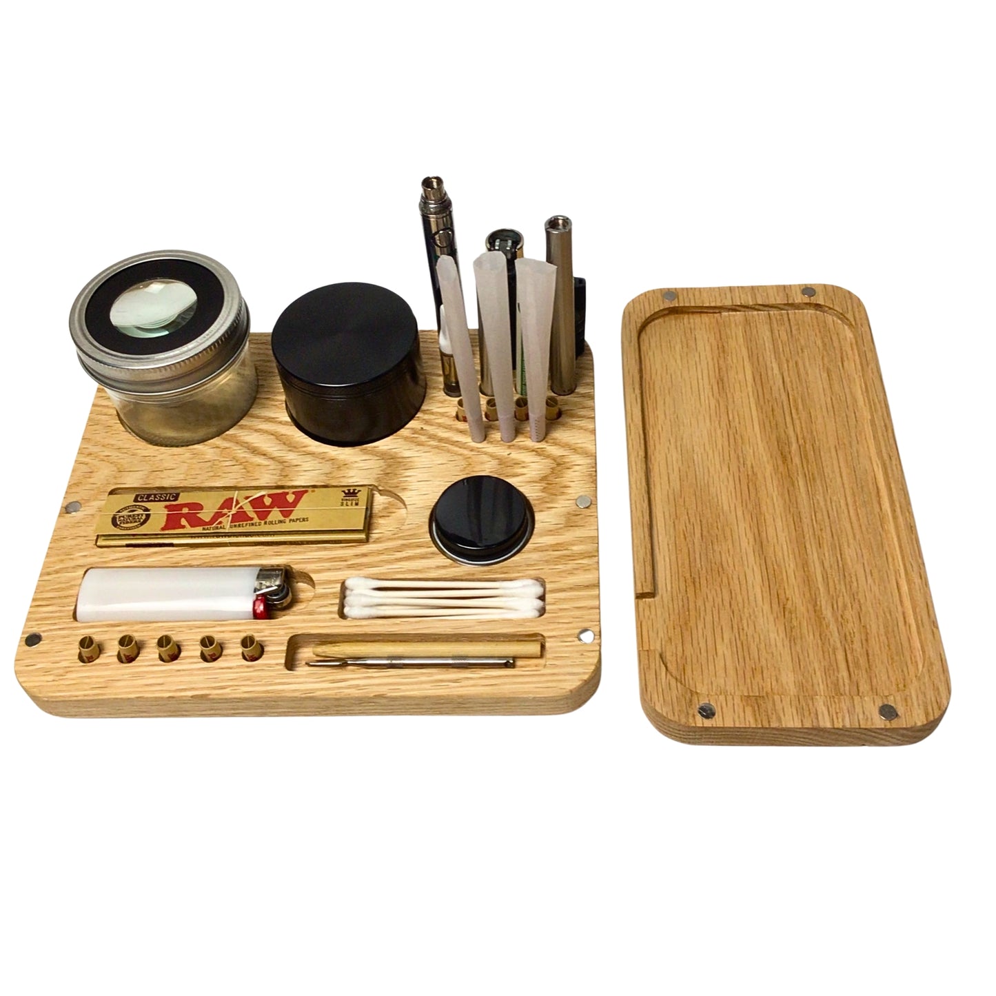 the gas station rolling tray comes with a magnifying stash jar and a concentrate jar. holds various smoking accessories for organization