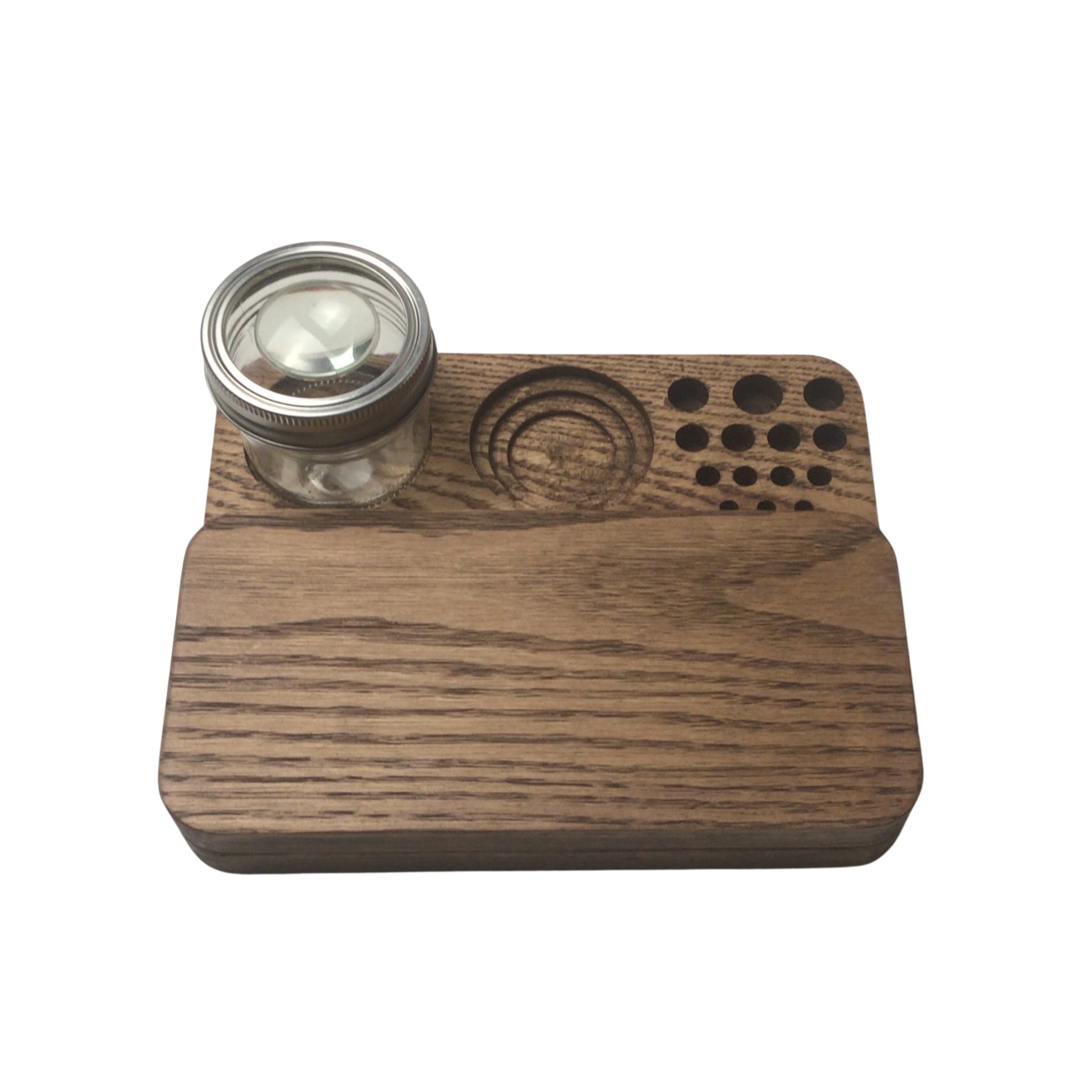 Gas Station - Closed View: A solid oak wood rolling tray set stained in a rich espresso color, shown closed with a sleek, semi-gloss finish, highlighting its sophisticated design