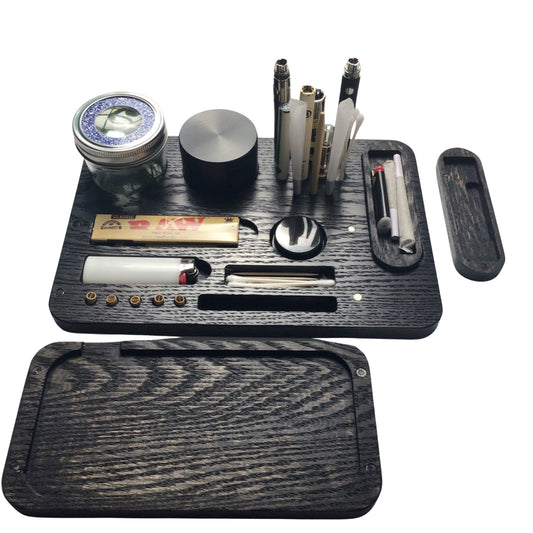 wood rolling tray with lid and magnifying stash jar and joint travel case