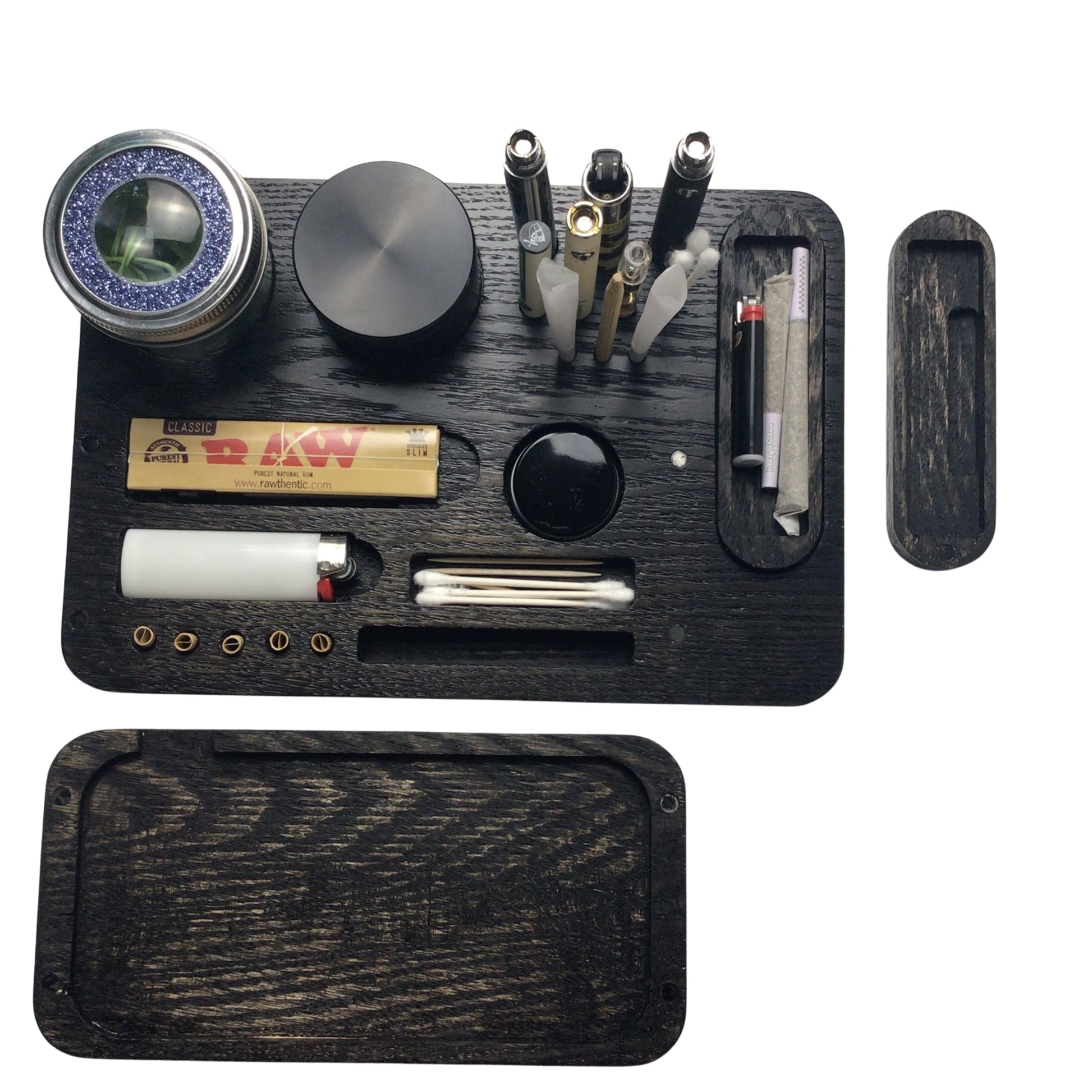 wood rolling tray with lid and magnifying stash jar and joint travel case overhead view