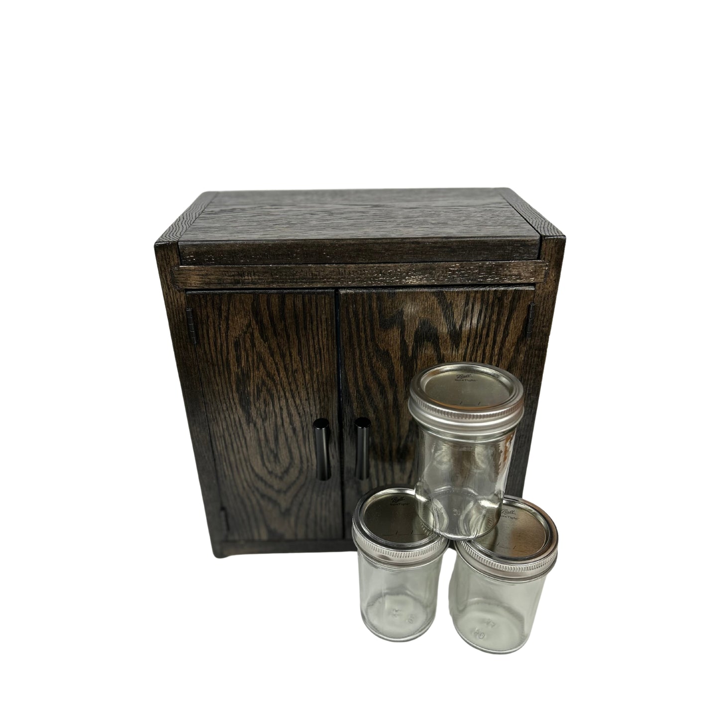 Wood stash cabinet featuring hidden storage and space for mason jars