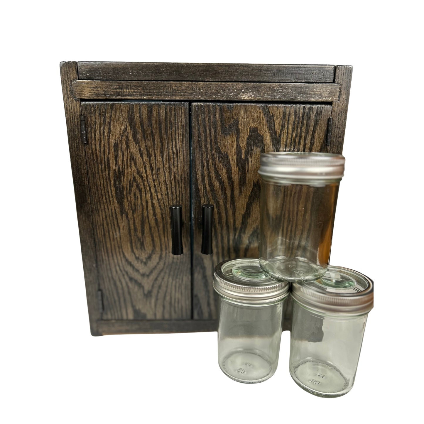 Stash box crafted from oak wood, holding 3 mason jars and accessories in secret storage