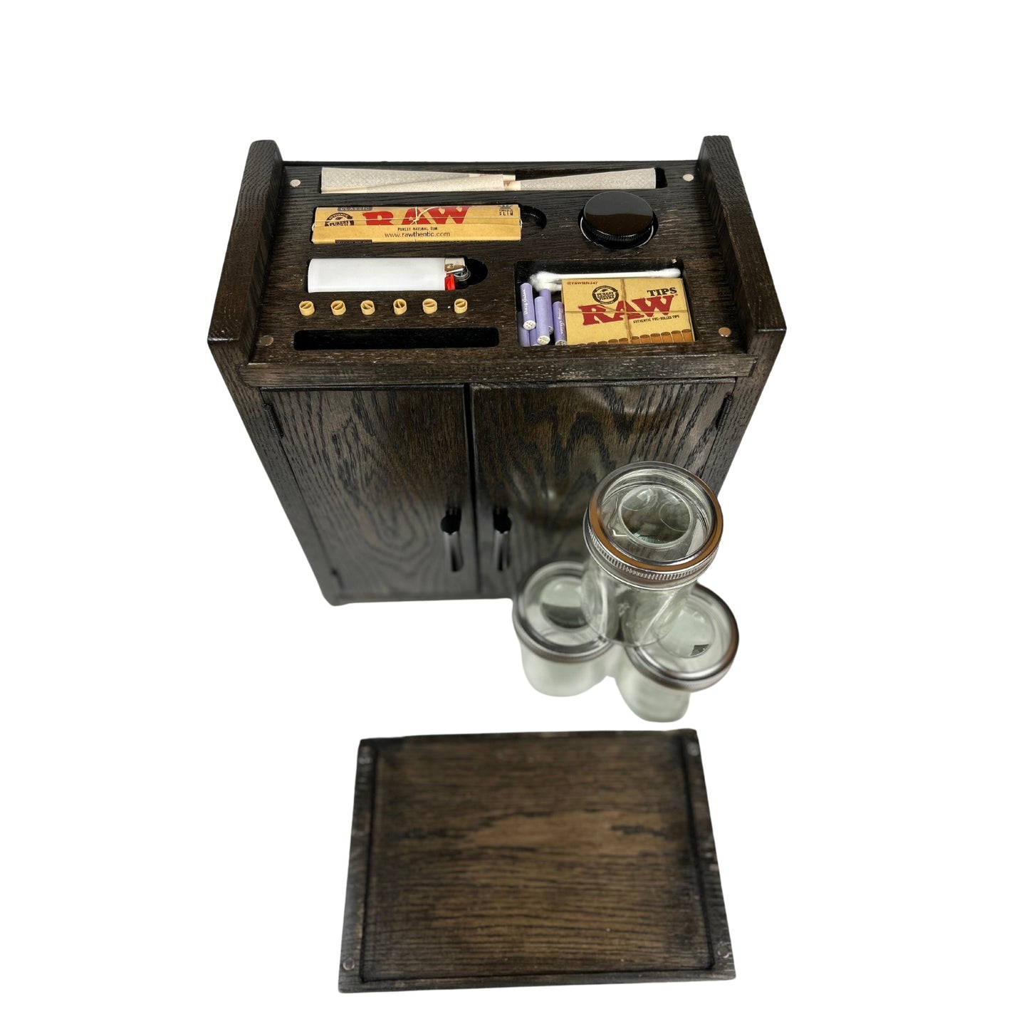 Premium oak stash cabinet with concealed area for papers, lighter, and tips