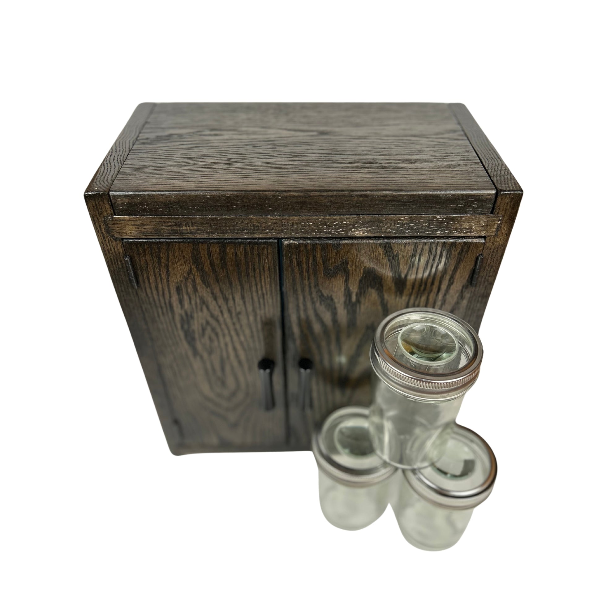 Solid oak wood stash cabinet with hidden compartment for rolling papers and lighter