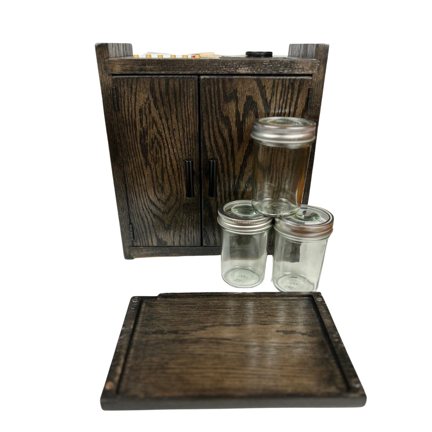 Stash box crafted from oak wood, holding 3 mason jars and accessories in secret storage