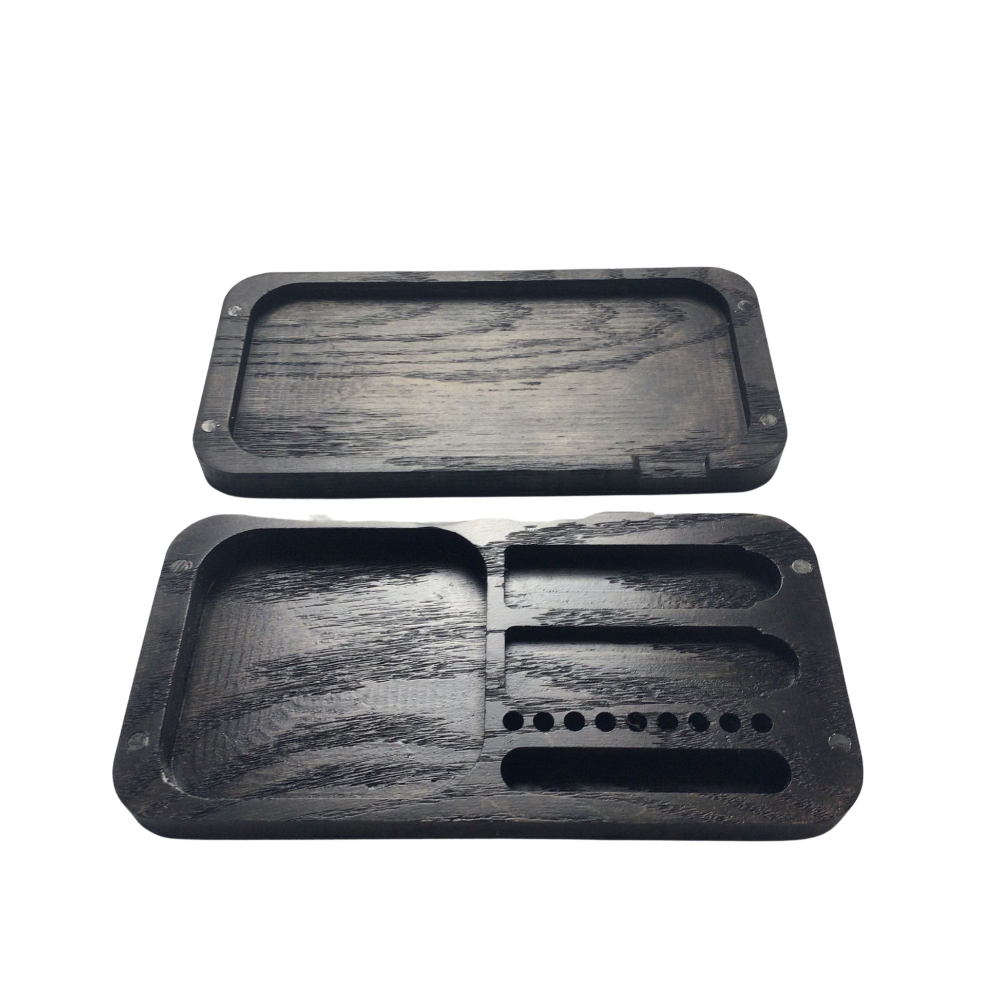 Magnetized Lid as Rolling Tray: The magnetized lid removed and laid flat, doubling as a spacious rolling tray, emphasizing its versatility.