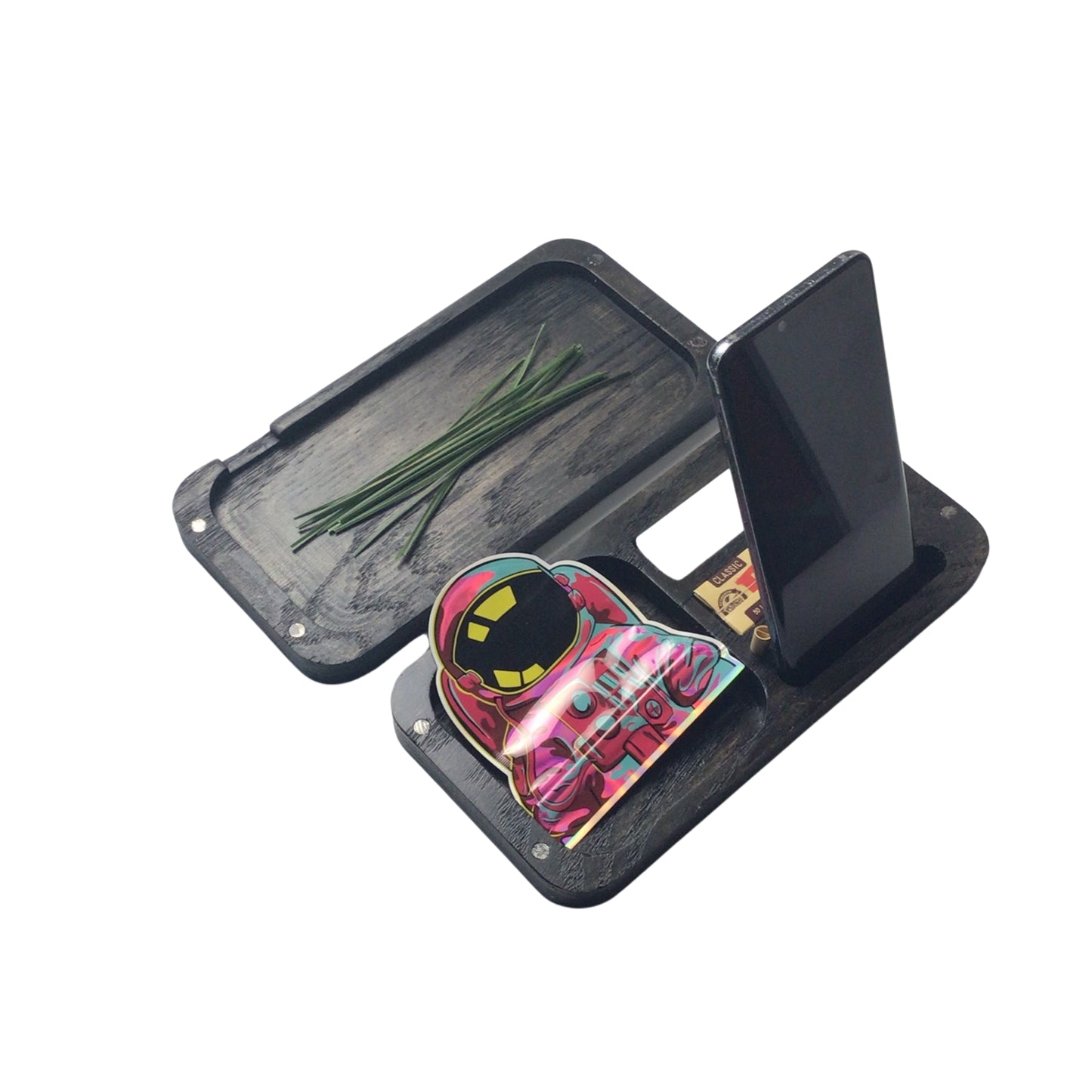 Travel Station - Open with Compartments: The Travel Station opened, revealing dedicated compartments for a lighter, rolling papers, tools, and a cell phone, all neatly organized.