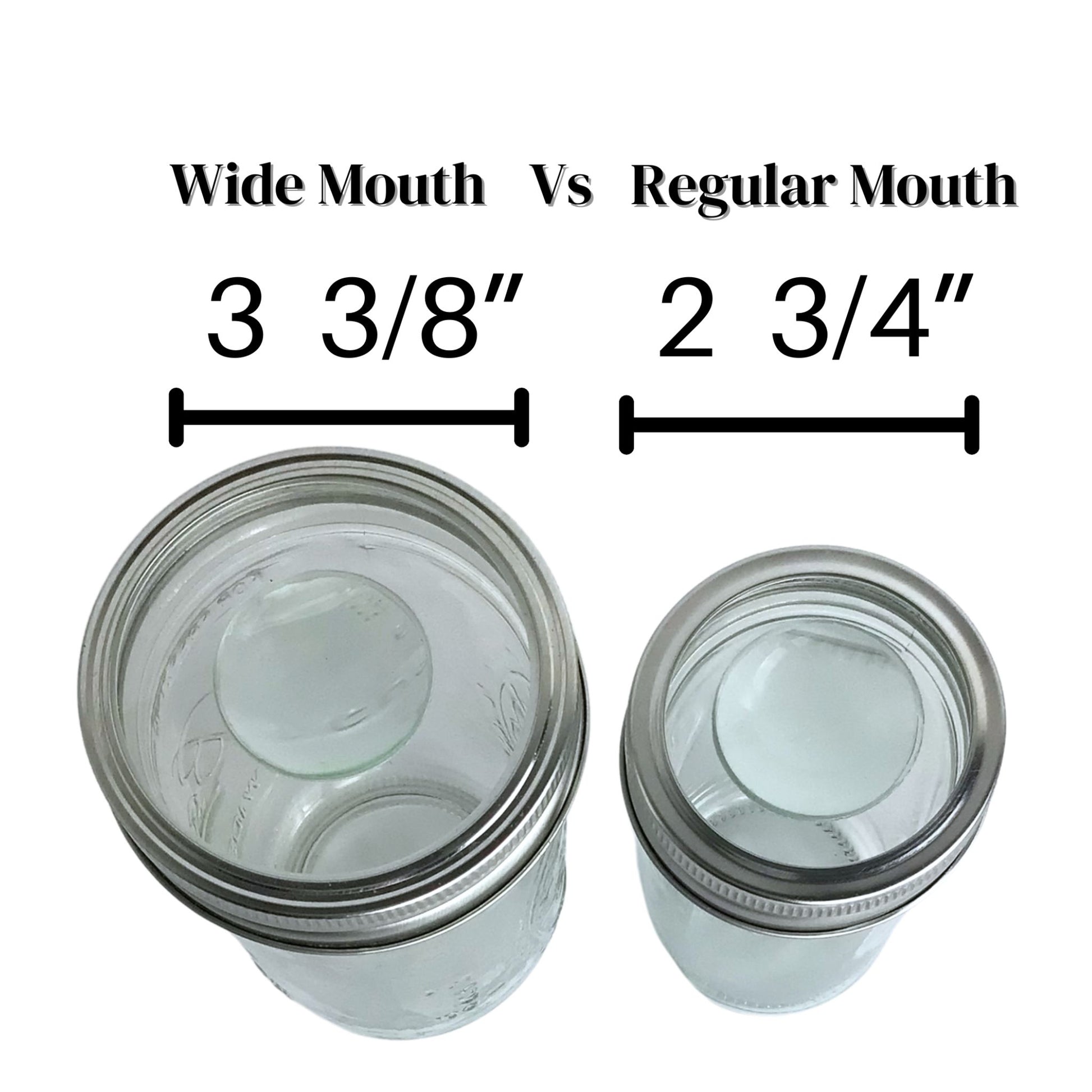 wide mouth vs regular mouth mason jar comparison. magnifying lids on both jars used for spice racks and desktop organizers